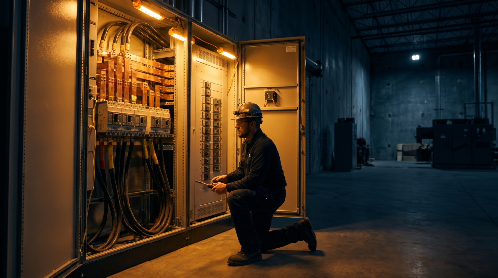 Licensed electrician working on a commercial electrical panel upgrade in an Orange County industrial building