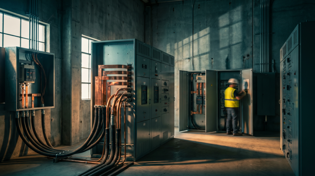 Industrial switchgear installation with copper conductors in an Orange County manufacturing facility