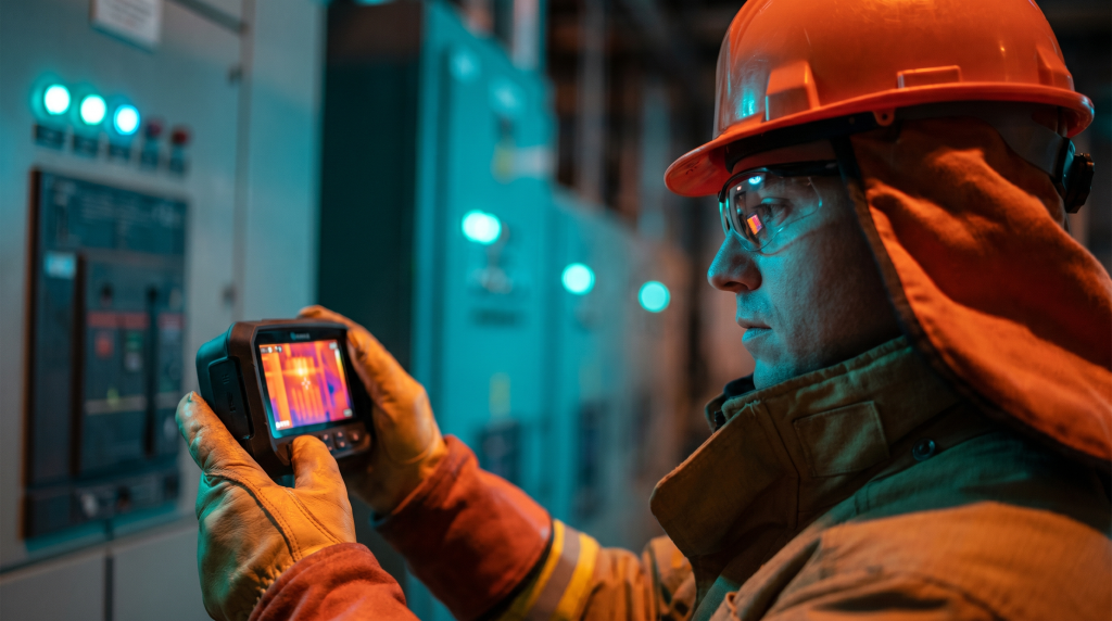 Electrical technician using thermal imaging camera for preventive maintenance inspection on motor control centers