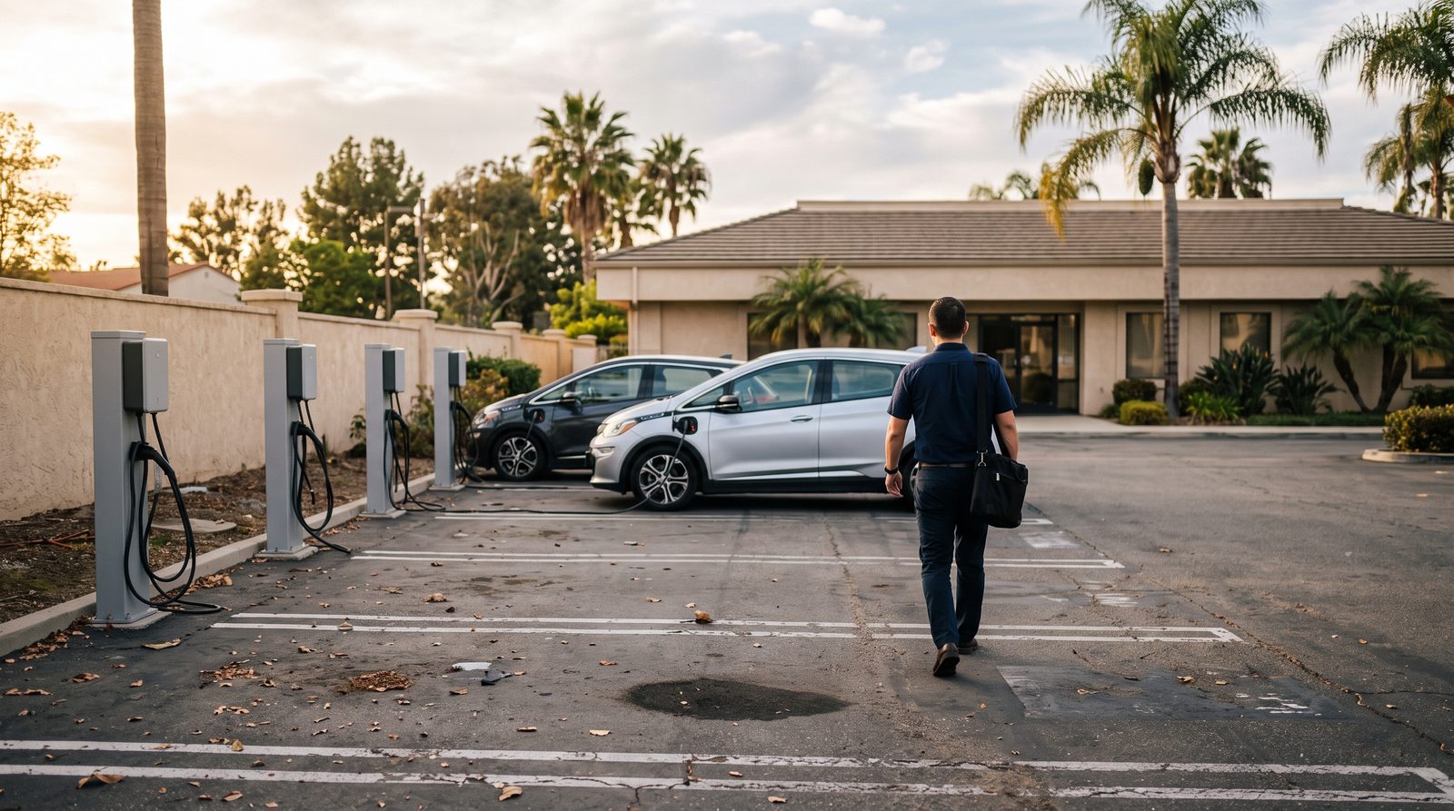 Row of Level 2 EV chargers in an office parking lot in Orange County with two cars plugged in