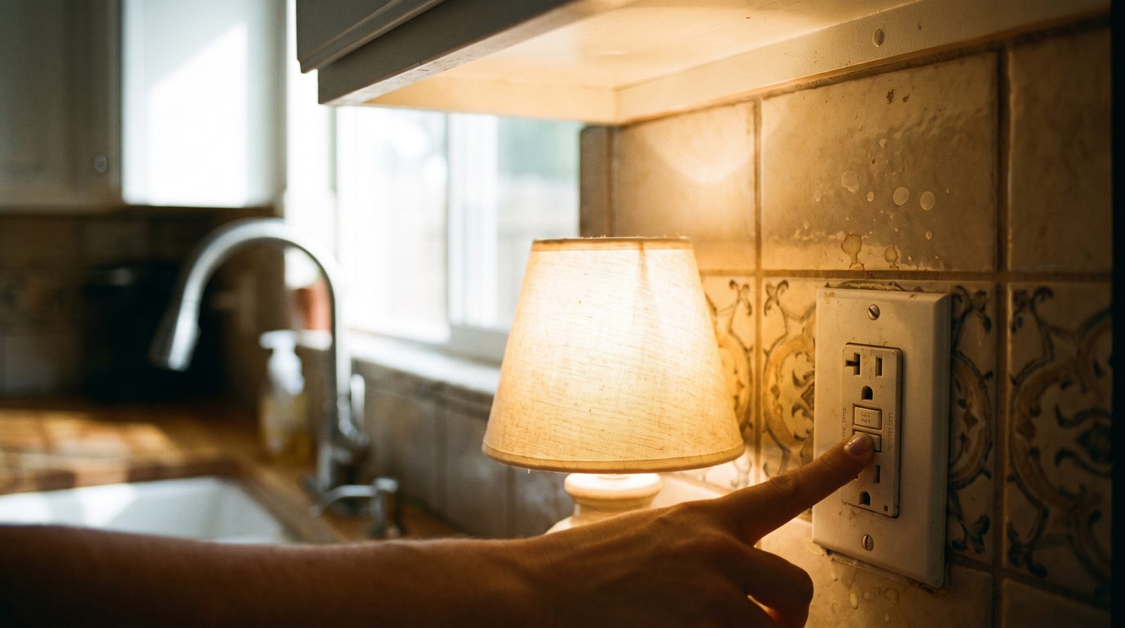 Hand pressing the TEST button on a kitchen GFCI outlet with a lamp plugged in to confirm the outlet shuts off