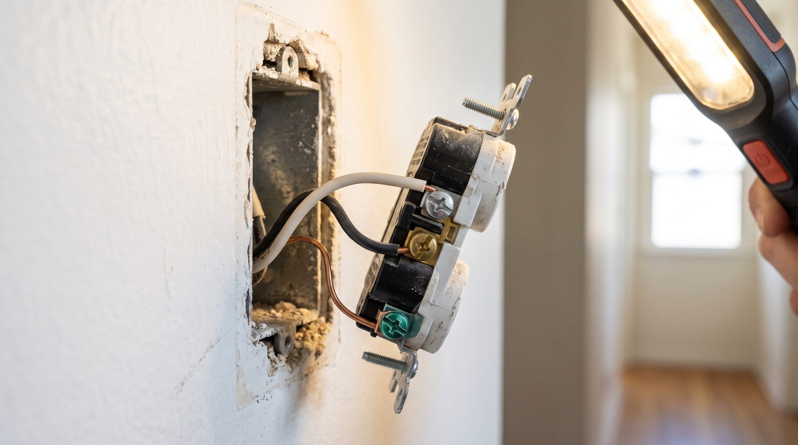 Back of an outlet showing a white wire on the silver terminal, a black wire on the brass terminal, and a bare copper ground wire on the green screw